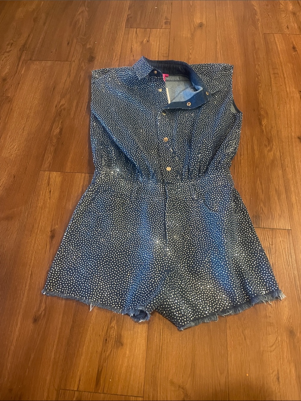 QUEEN OF SPARKLES Rhinestone Sleeveless Denim Romper
